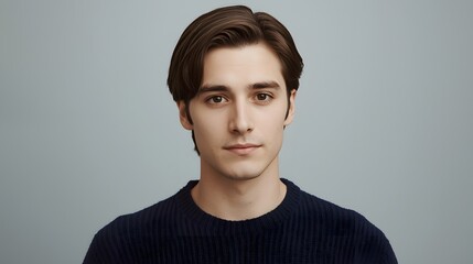 Portrait of young handsome man with natural expression wearing dark sweater on neutral background for lifestyle fashion editorial and profile use