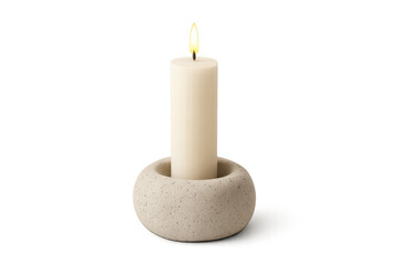 White burning candle in modern concrete holder