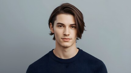 Portrait of young handsome man with natural expression wearing dark sweater on neutral background for lifestyle fashion editorial and profile use