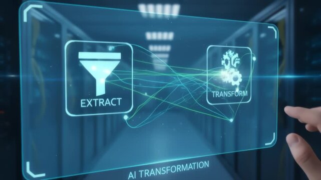 AI transformation interface with data extraction and business foundation driving quality AI innovation for digital progress and growth