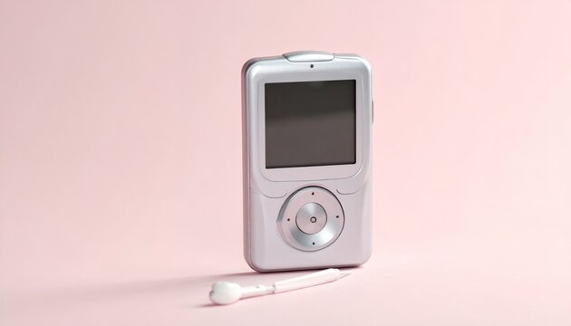 Portable MP3 Player with Earbud on Pink Background.