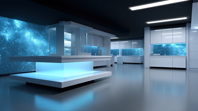 Modern futuristic kitchen interior design showcasing sleek surfaces, blue lighting, and advanced technology with a cosmic theme enhancing the ambiance