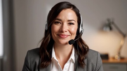 Woman wearing headset smiles and waves hello during a video call