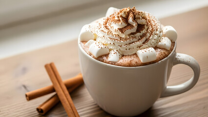 Warm coffee cups with chocolate, cappuccino, and cinnamon sugar