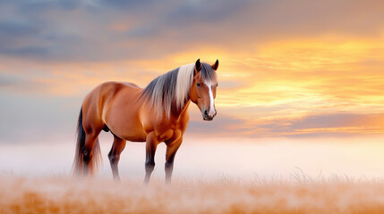 Obraz premium Horse standing in misty field at sunrise golden sky peaceful atmosphere brown coat long mane outdoor nature tranquil morning rural landscape serene mood