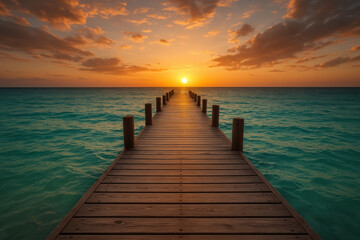 Fototapeta premium Wooden pier ocean sunset tranquil orange sky calm water clouds horizon peaceful vacation. wooden pier stretches into calm ocean vibrant orange sunset sky creating tranquil and peaceful vacation