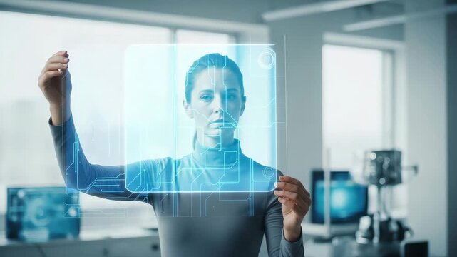 Woman interacting with a futuristic transparent screen interface in a modern office setting