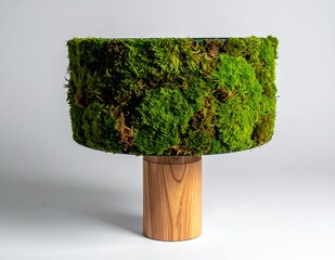Unique moss-covered lamp with a natural wooden base, showcasing an innovative blend of nature and interior design, perfect for eco-friendly decor.