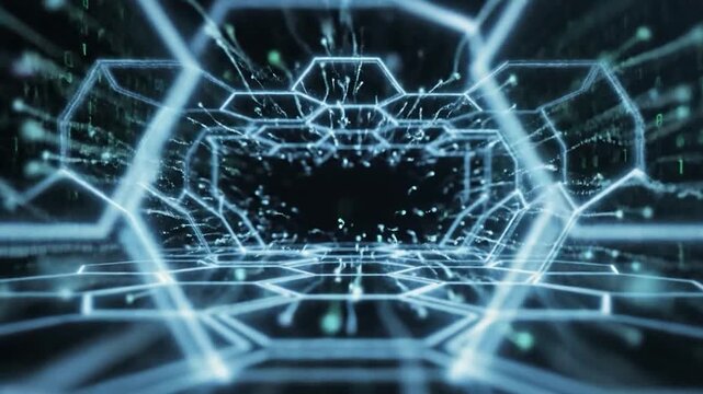 Abstract digital representation of a network with glowing hexagons and binary code