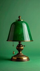 Vintage Green Bankers Lamp on a Solid Green Background.