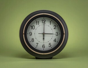 Vintage Round Clock with Dark Frame and White Face on a Solid Green Background.