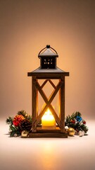 Warmly lit wooden lantern with festive decorations, creating a cozy and inviting atmosphere for the holiday season.