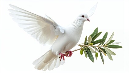 White dove flying with an olive branch, symbolizing peace and hope, isolated on a clean white background.