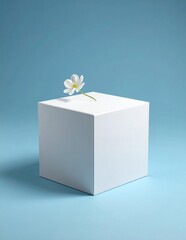 White Gift Box with Delicate Flower on Blue Background.