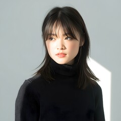 Elegant young woman in black turtleneck standing in natural studio light with soft shadows, modern minimalist portrait for editorial and creative use