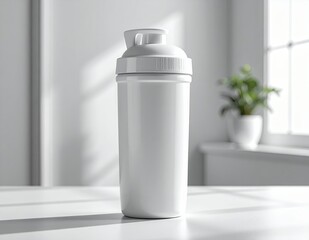 White Protein Shaker Bottle on a Table with Natural Light.