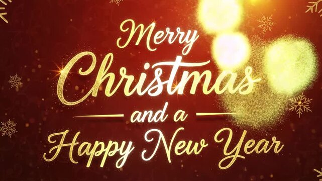 Festive merry christmas and a happy new year wishes with golden text and snowflakes on a red background