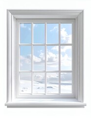 White Window Frame with a View of a Snowy Landscape and Blue Sky.