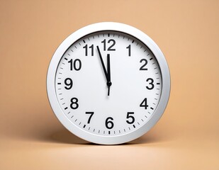White Wall Clock Showing Midnight or Noon on a Neutral Background.