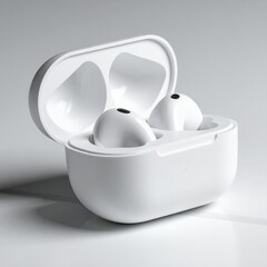 White Wireless Earbuds in Charging Case on a Clean Background.