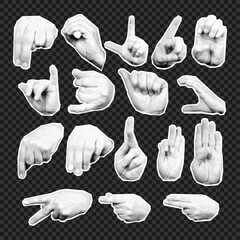 Set of halftone hand gestures collage graphic elements on atransparent background. Trendy halftone collage design elements