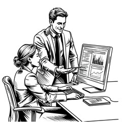 Business Team Analyzing Marketing Plan in Bright Flat Vector Style with Clean Shapes Isolated on White Background and Transparent Overlay