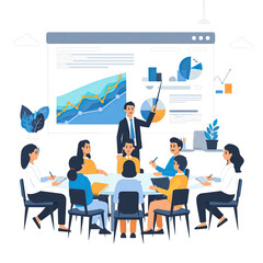 Business Team Meeting Analyzing Growth Charts and Financial Data on a Large Screen Presentation with Diverse Colleagues Around a Conference Table in a Modern Office Setting with Plants and a Dark