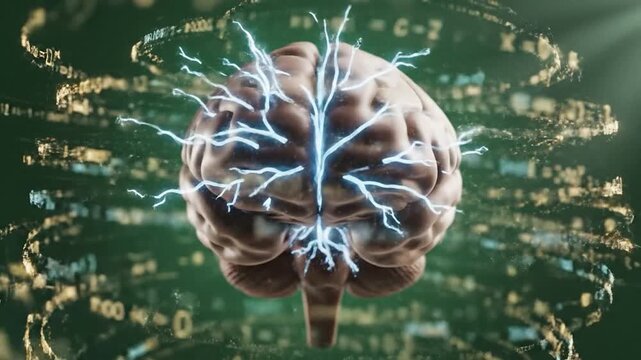 A realistic brain model with electrical pulses and flowing digital code on a green background