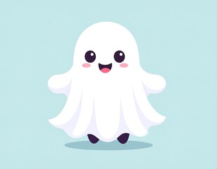 Obraz premium A cute, cartoon ghost with a smiling face, pink cheeks, and small, rounded arms. It floats on a light blue background