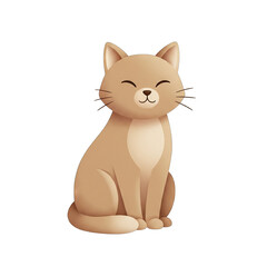 Cartoon Beige Cat Sitting with Eyes Closed and Whiskers Smiling on Transparent Background