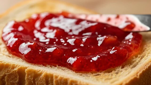 Close-up of a slice of bread with a generous layer of bright red jam being spread with a butter knife, highlighting the texture and vibrant color of the jam