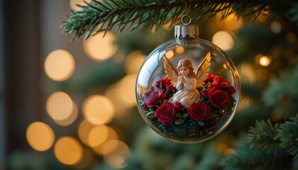 A delicate glass Christmas ornament featuring an angelic figurine nestled among vibrant red roses, creating a festive and serene holiday decoration