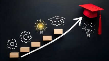 Graduation cap on blackboard with arrow and symbols of progress and ideas