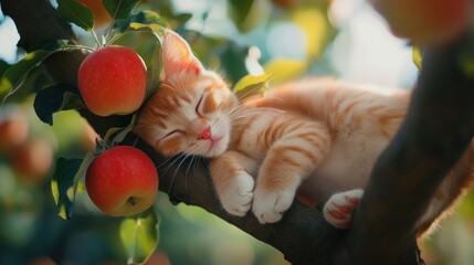 Adorable ginger kitten napping peacefully on an apple tree branch amongst ripe red apples.
