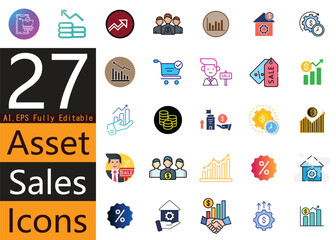 Business Asset Sale Vector Icons Set for Financial Transactions, Investments, Deal Closing, Sales Process