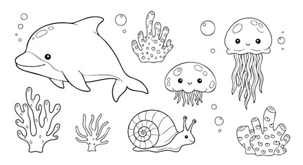 Fototapeta premium Cute Ocean Animals Line Art Vector Illustration with Dolphin Jellyfish Snail and Coral Collection