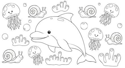 Cute Ocean Animals Line Art Vector Illustration with Dolphin Jellyfish Snail and Coral Pattern