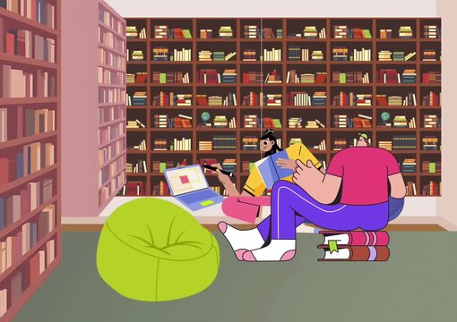 Reading in a library with shelves full of books