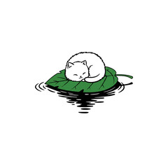 Cute white kitten sleeping peacefully on a green leaf floating on water.