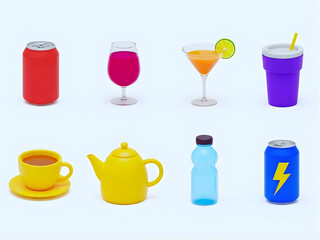 Diverse 3d beverage icons. collection of can, glass, cup & bottle designs