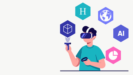 Student Using VR Headset for Interactive Learning in Modern Flat Design