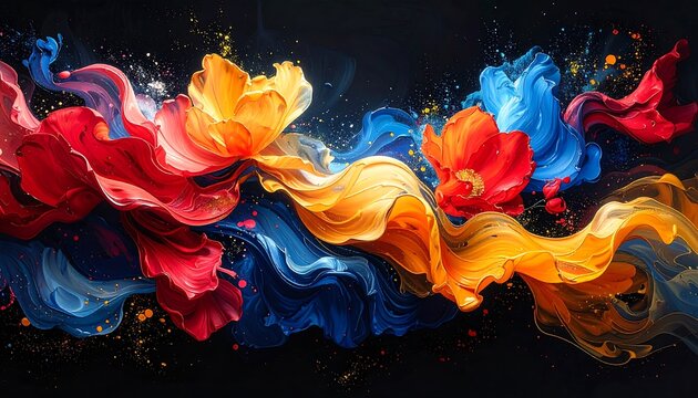 Vivid artwork of floral elements created with flowing ribbons in vibrant shades. Splatter effects enhance the dynamic composition - Powered by Adobe