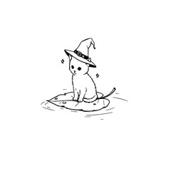 Whimsical Kitten in Witch Hat on Leaf Illustration.