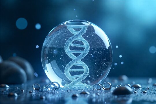 Blue DNA helix floats in clear glass bowl, surrounded by water droplets on dark surface under cool blue light.