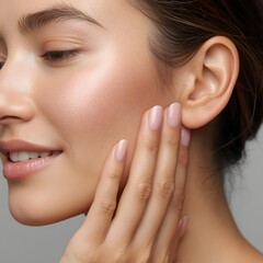 Closeup beauty macro of young woman touching cheek, showcasing smooth skin texture, natural glow, minimalist aesthetic and healthy skincare appearance