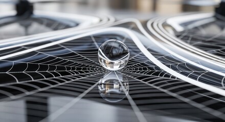 Optical illusion with a sphere reflecting a modern geometric landscape design