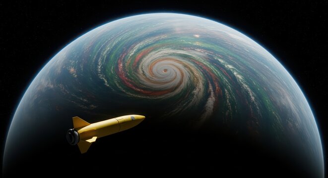 Conceptual visualization of space travel featuring a stylized yellow rocket near a colorful