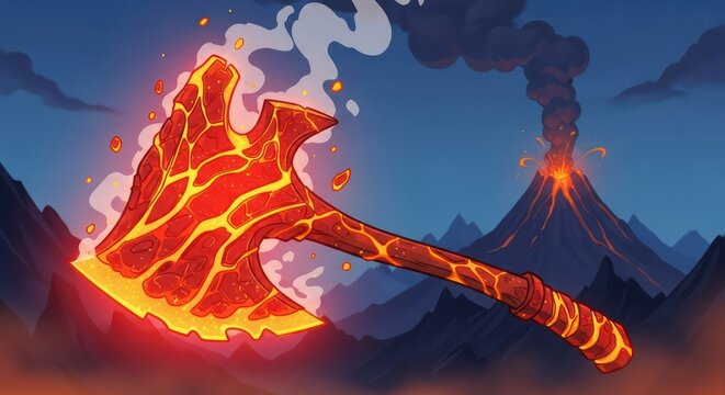 Volcanic fury illustration fiery lava axe with erupting volcano at night fantasy art
