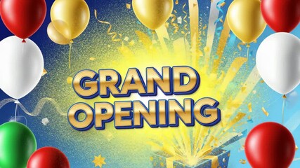Festive grand opening celebration with balloons, confetti, and a gift box on a blue background