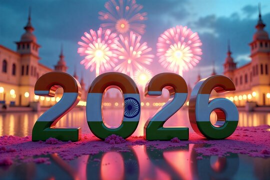 Indian flag-themed "2026" numbers, fireworks display, festive night scene with historic buildings in background.